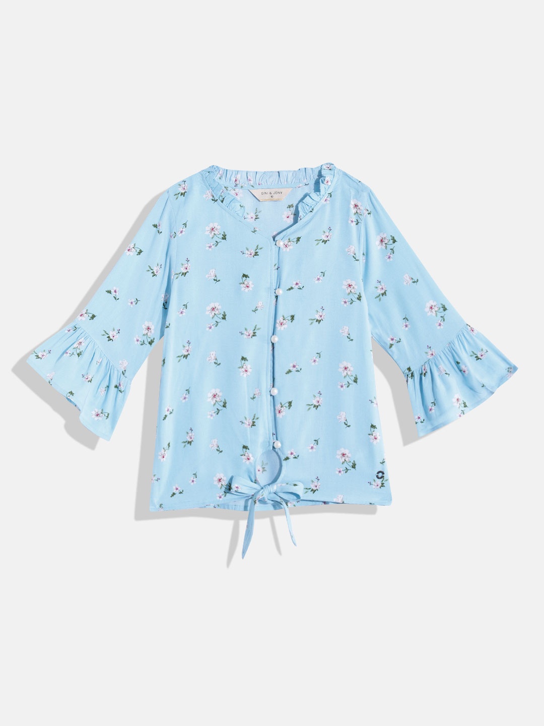 

Gini and Jony Girls Floral Printed Tie-Up Detail Shirt Style Top, Blue