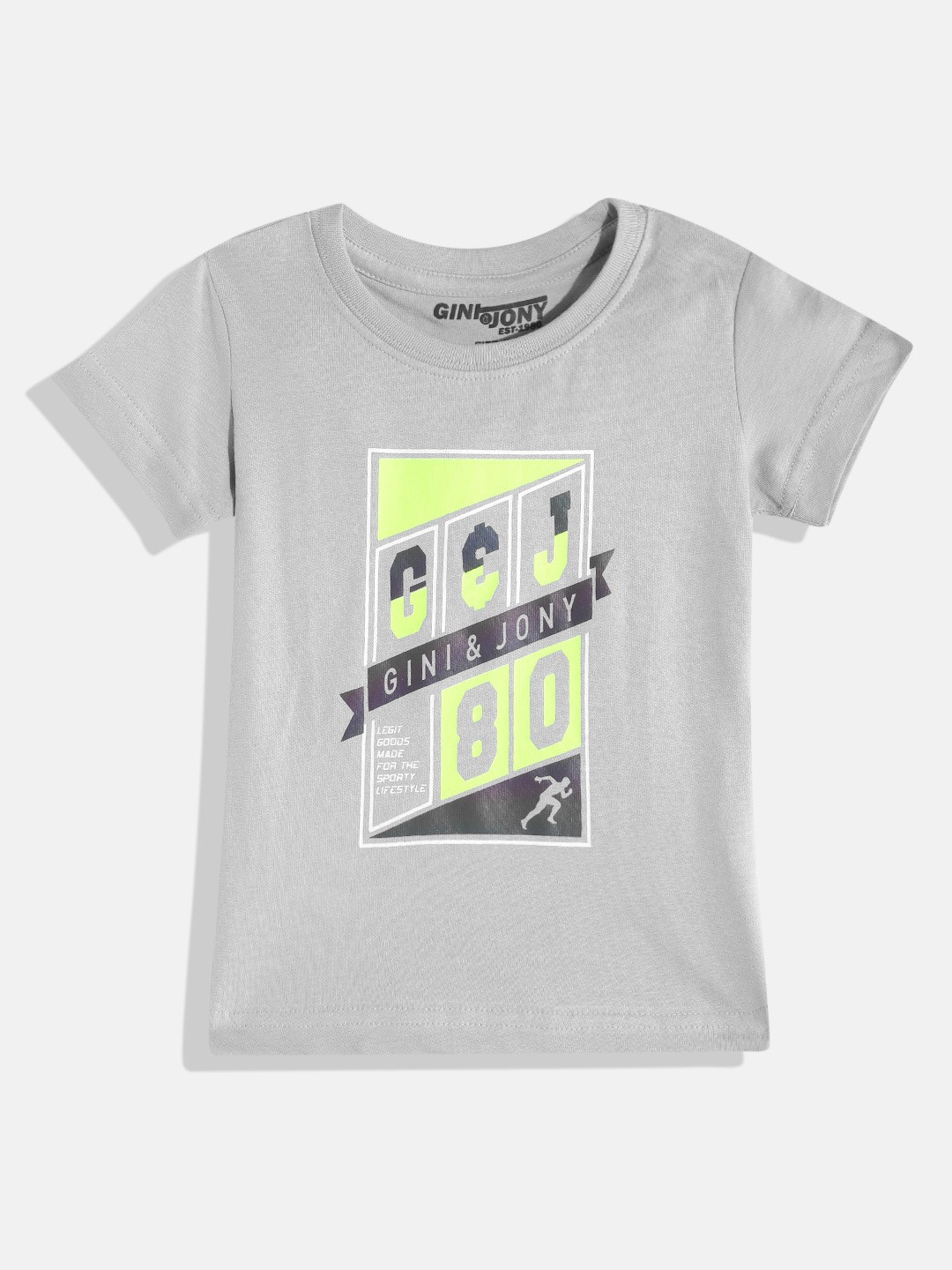 Gini and Jony Boys Pure Cotton Brand Logo Printed T-shirt, Grey