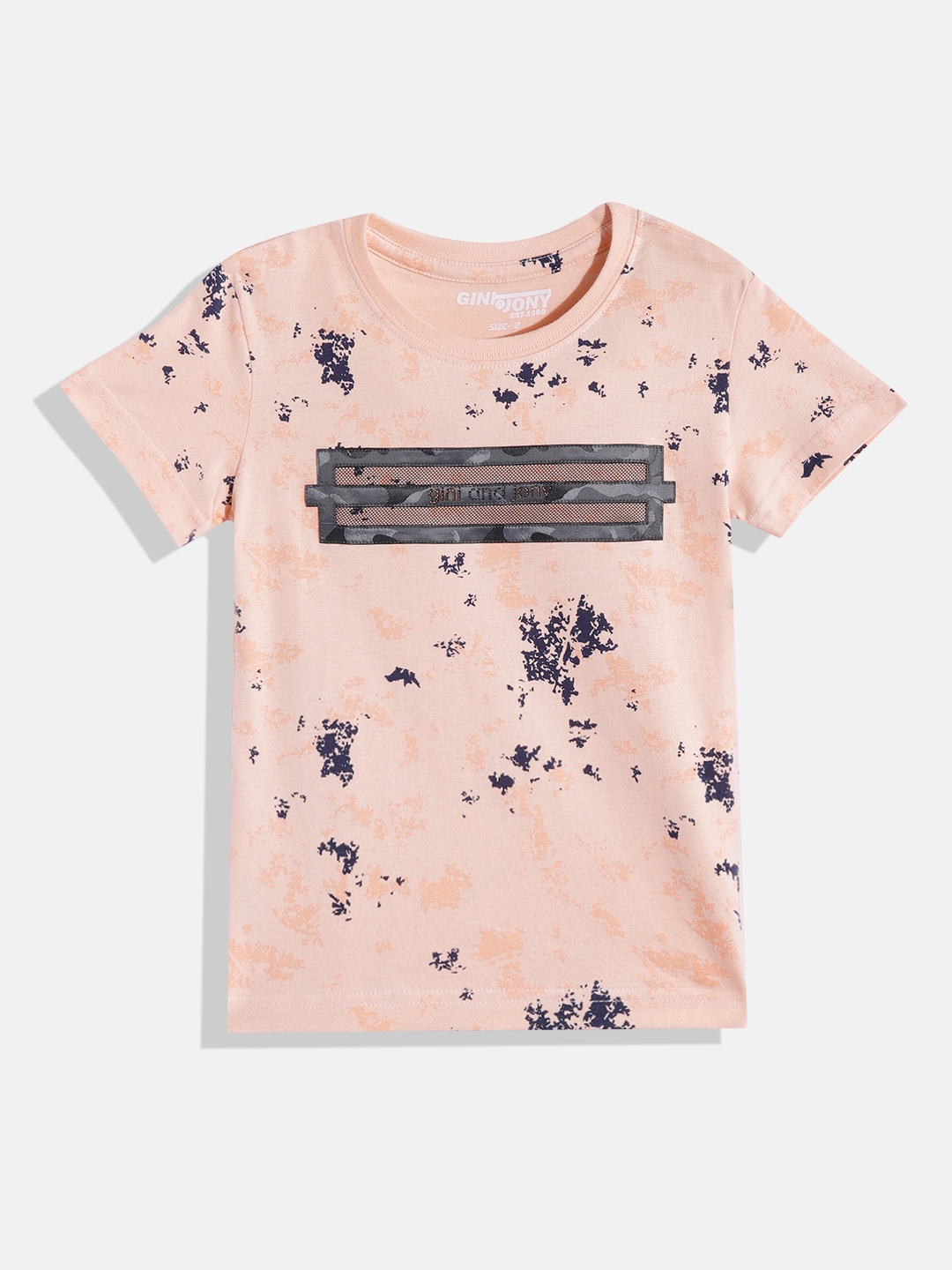 

Gini and Jony Boys Abstract Printed Pure Cotton Applique Detail T-shirt, Peach