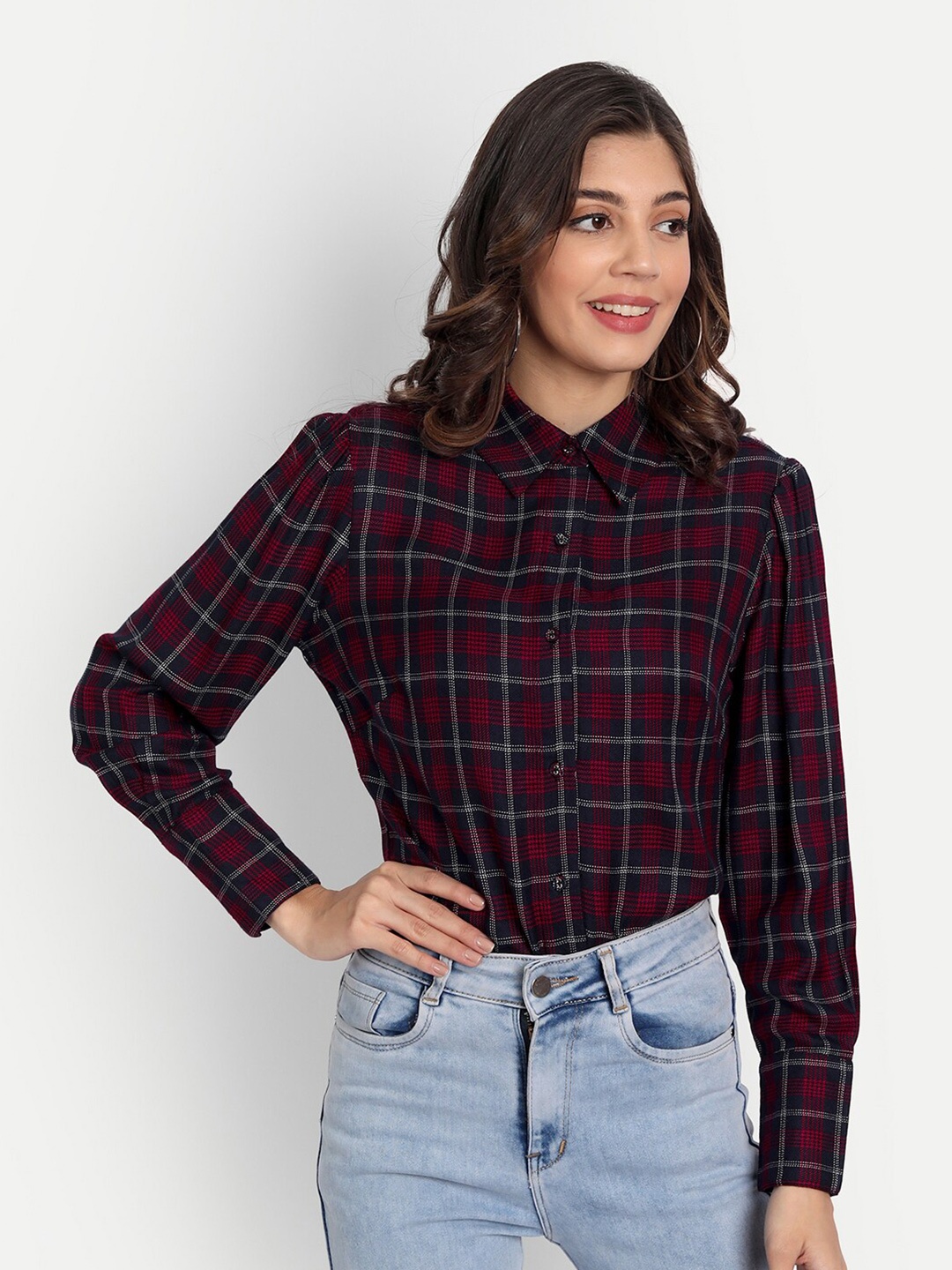 

ESSQUE Maroon Checked Shirt Style Top