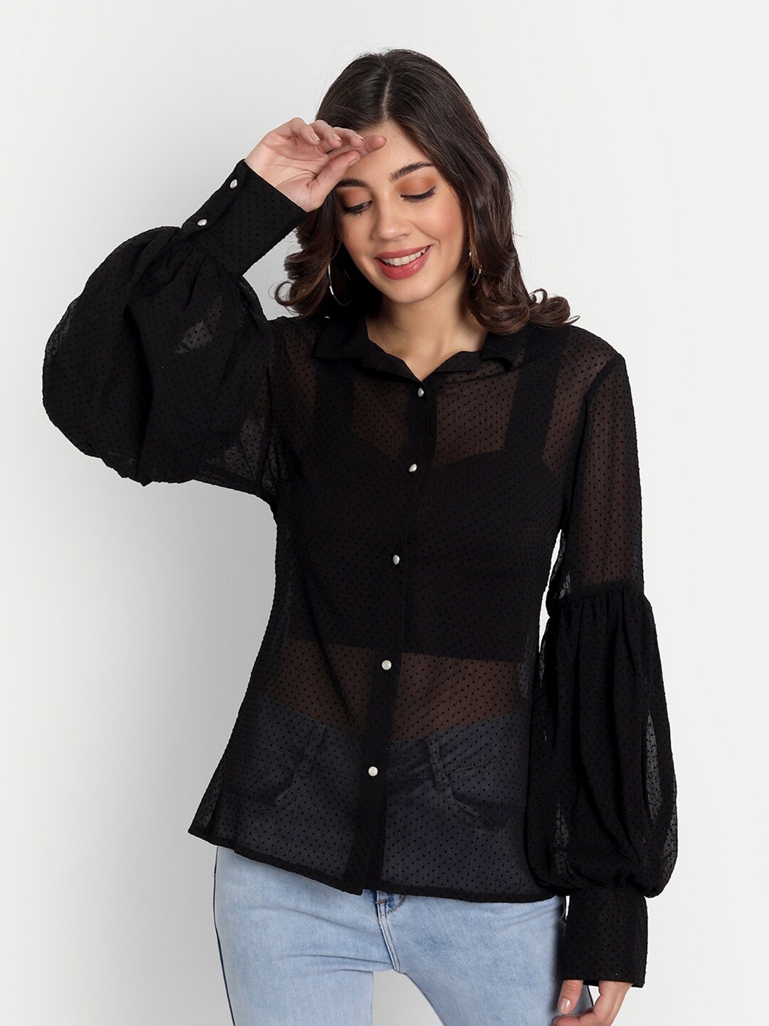 

ESSQUE Black Chiffon Bishop Sleeves Shirt Style Top