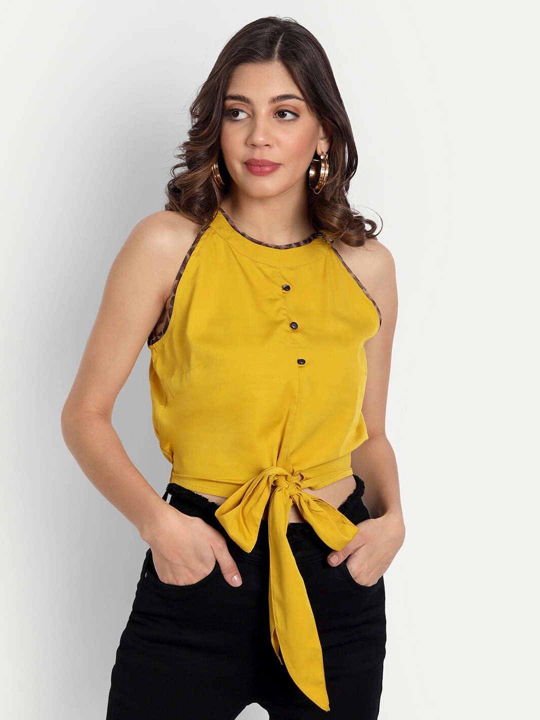 

ESSQUE Mustard Yellow Crepe Tie-Up Crop Top