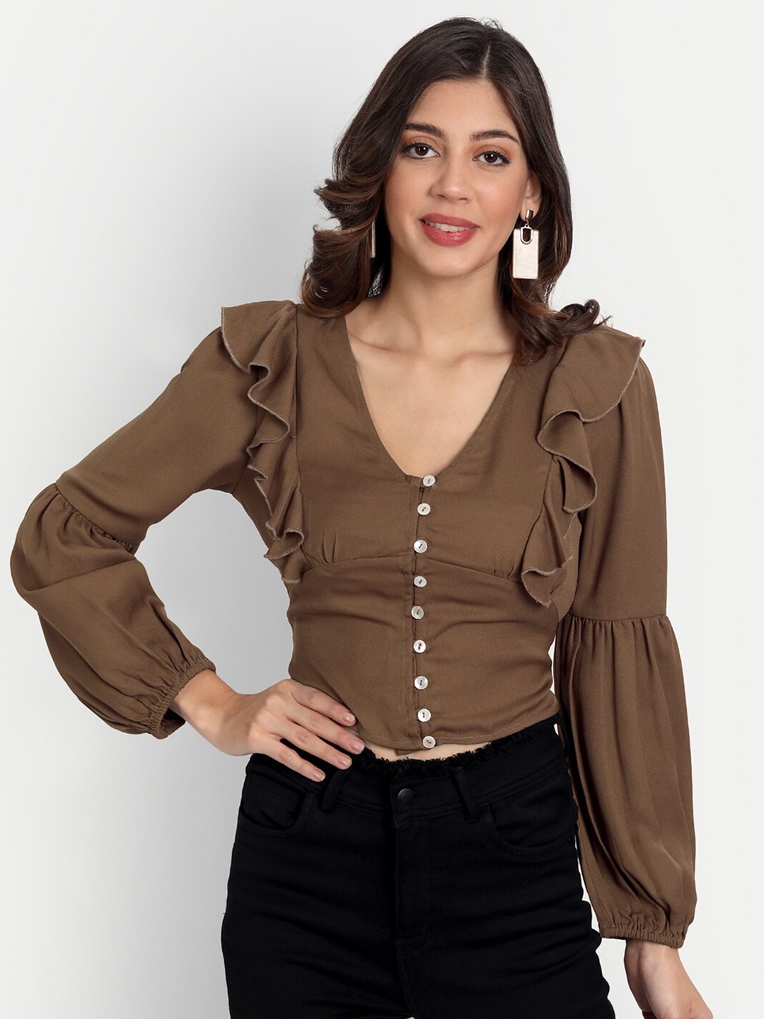

ESSQUE Brown Ruffles Bardot Crop Top