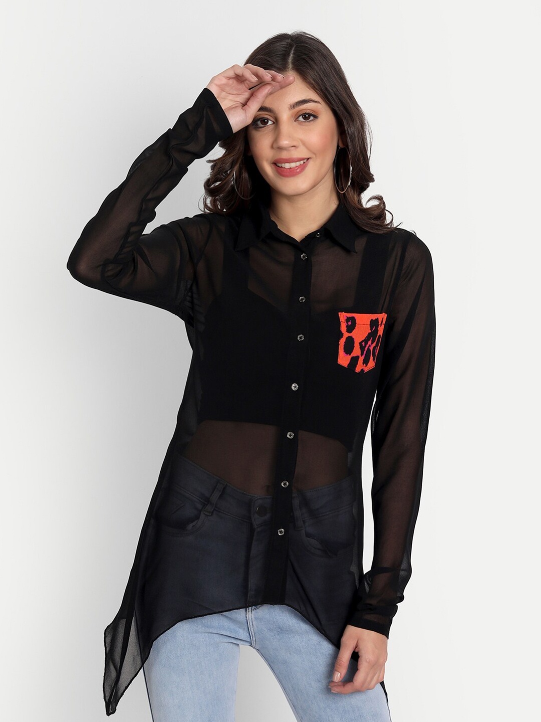 

ESSQUE Black Georgette Shirt Style Longline Top