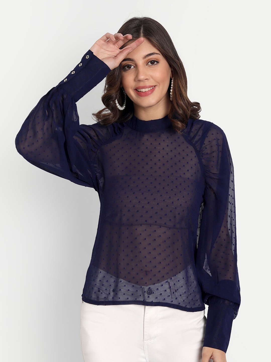 ESSQUE Women Blue Bishop Sleeves Georgette Top
