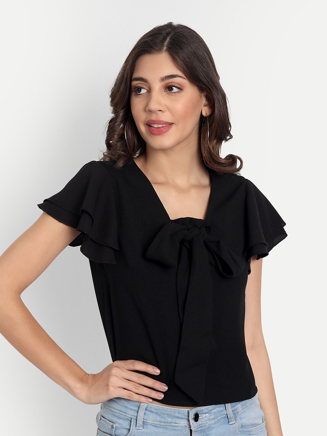 

ESSQUE Women Black Solid Tie-Up Neck Top