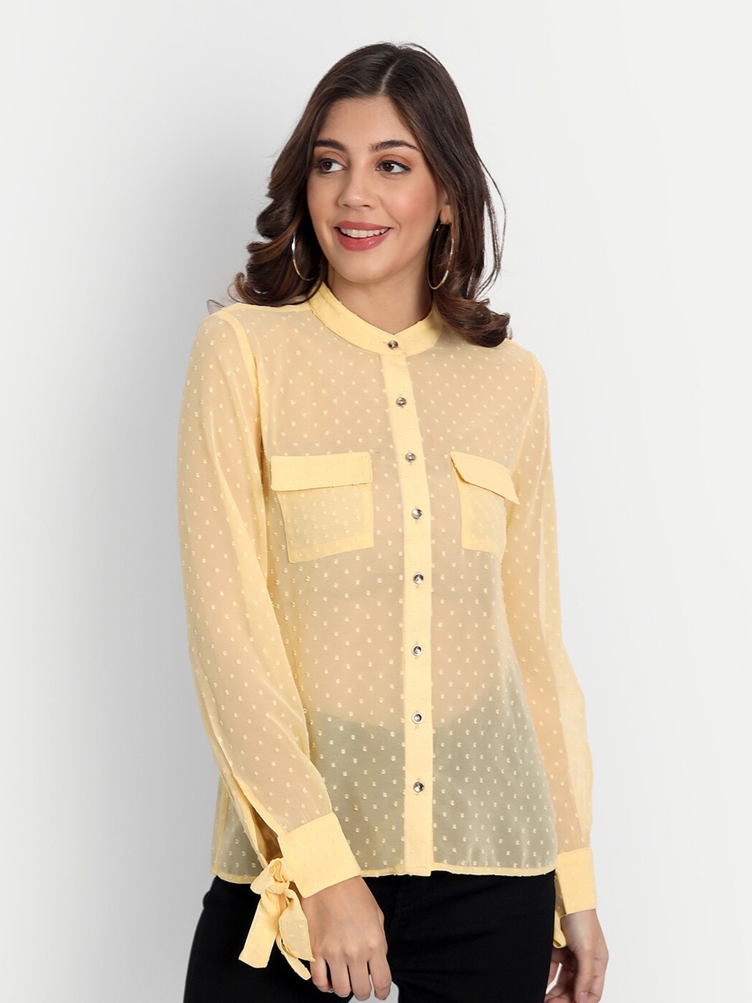 

ESSQUE Yellow Mandarin Collar Georgette Shirt Style Top