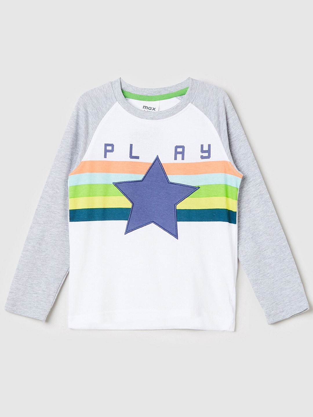 

max Boys White & Blue Printed Applique T-shirt