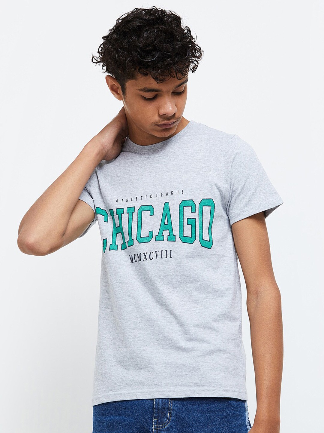 

max Boys Grey & Green Typography Printed T-shirt