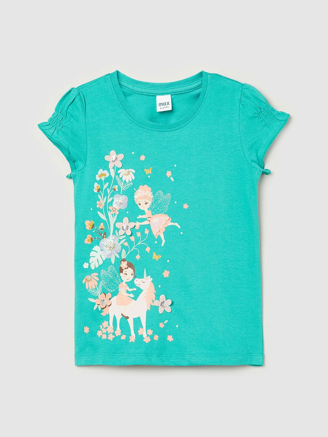 

max Girls Green Printed Applique T-shirt