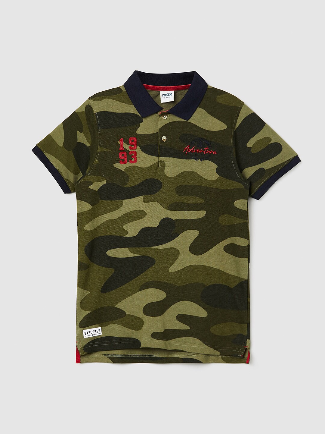

max Boys Olive Green & Navy Blue Camouflage Printed Polo Collar Applique T-shirt
