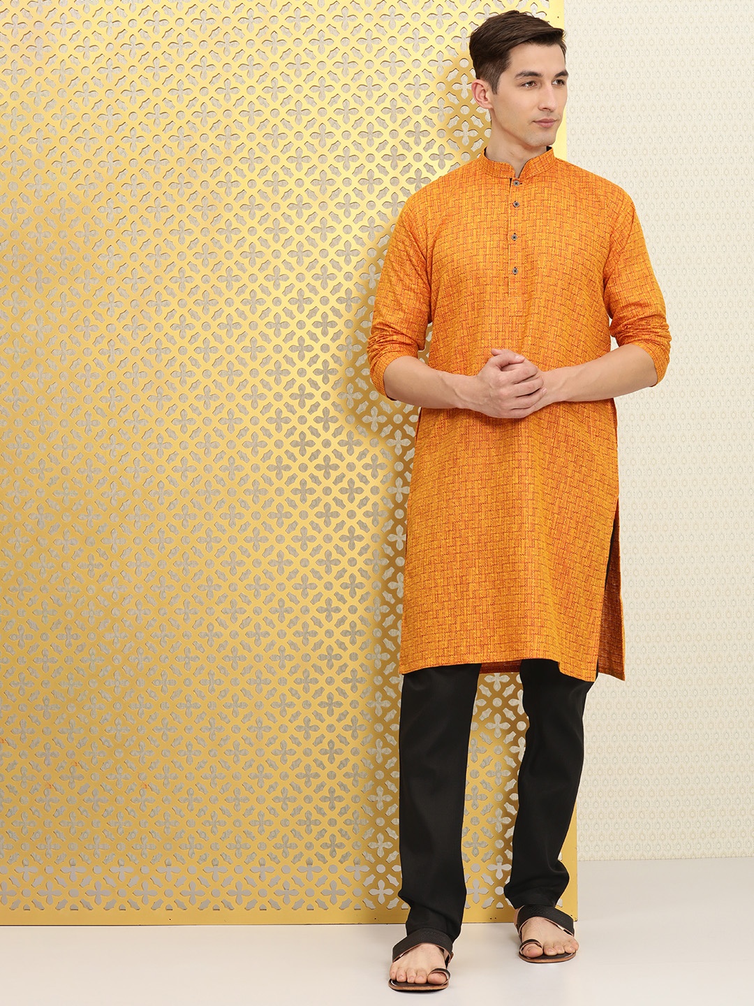 

Ode by House of Pataudi Men Rust Orange & Black Woven Design Kurta with Churidar