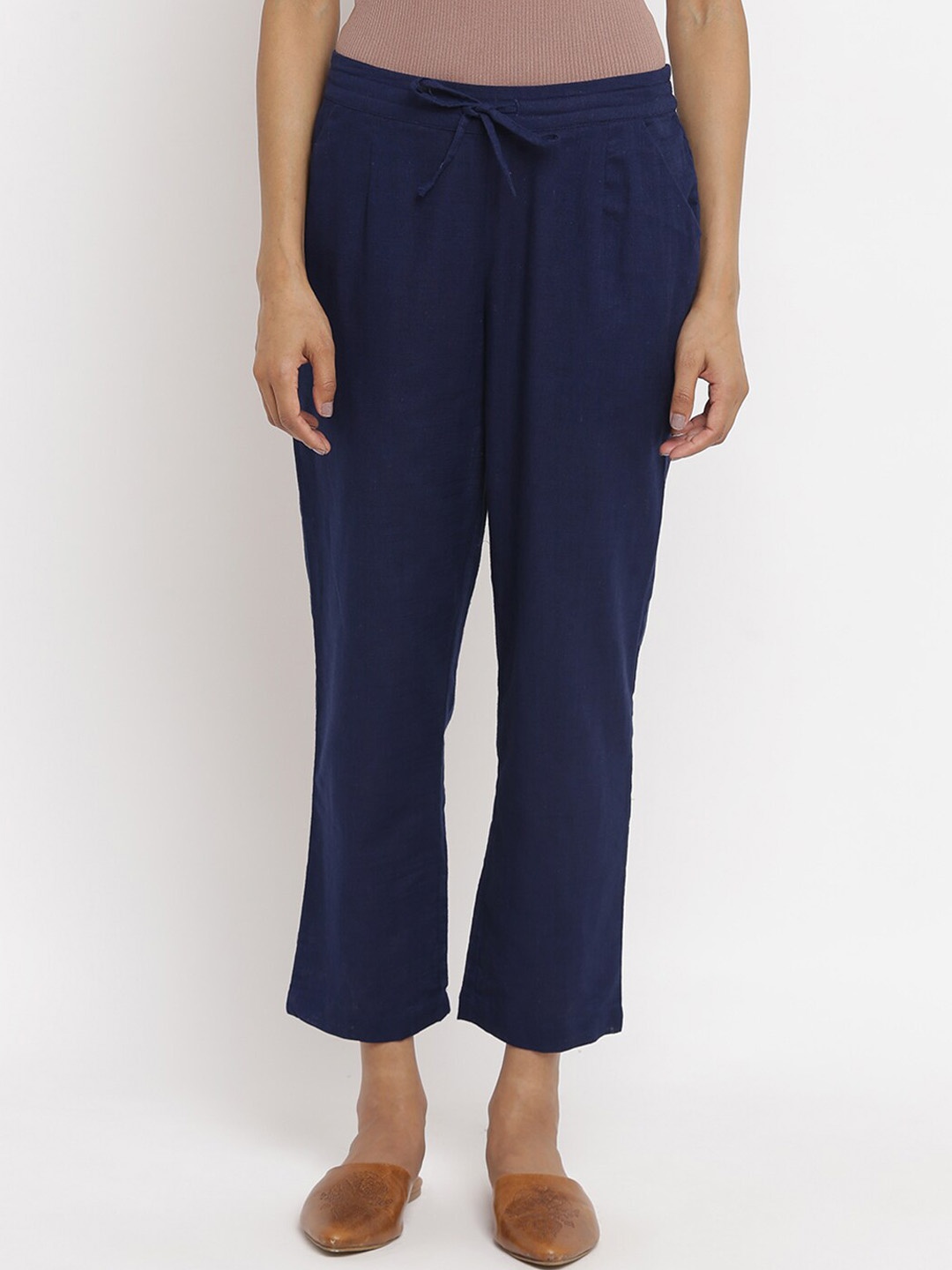 

W The Folksong Collection Women Blue Cropped Straight Fit Trousers