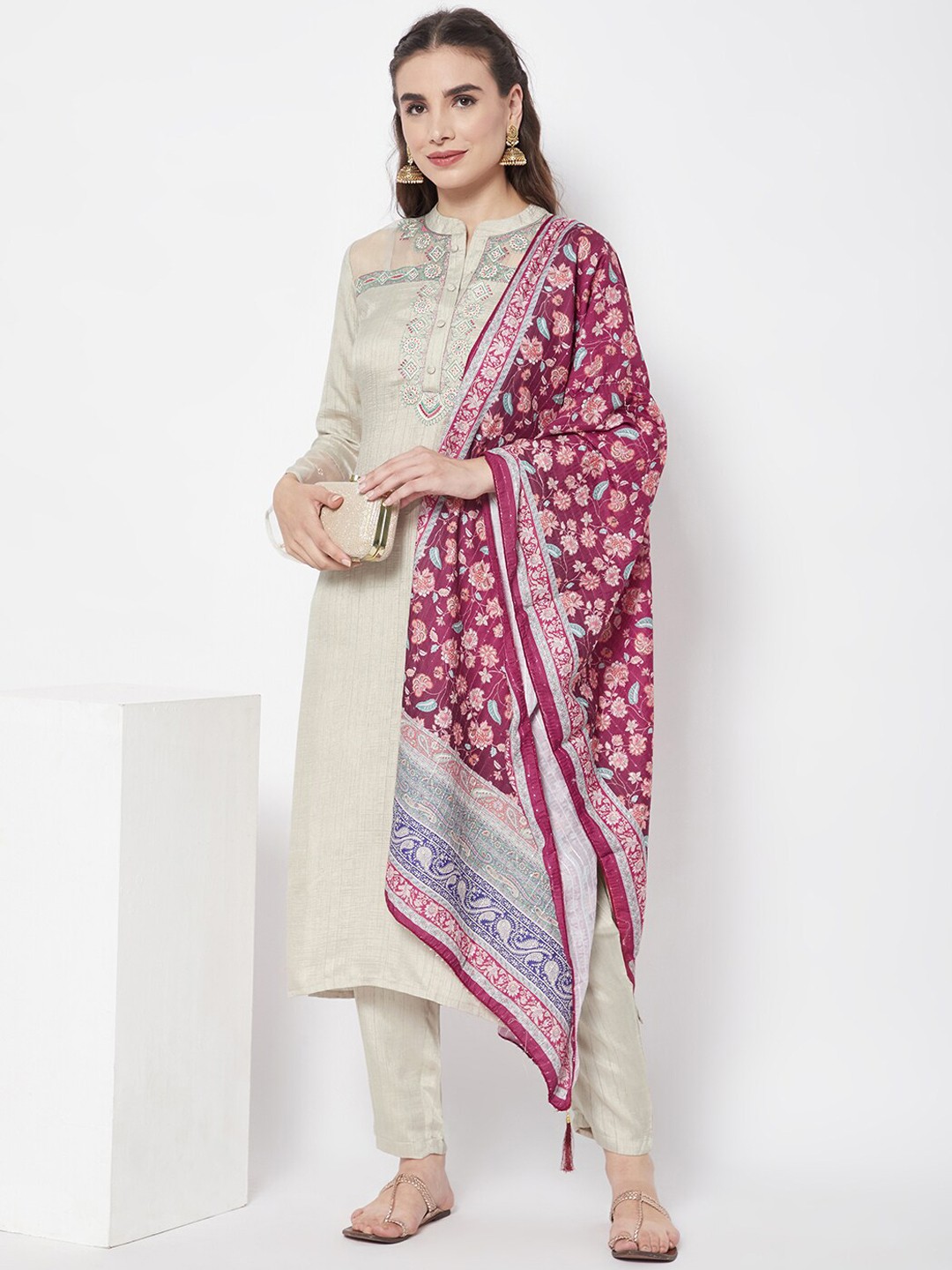 

HEEPOSH Women Beige Floral Thread Work Chanderi Silk Kurta with Trousers & Dupatta