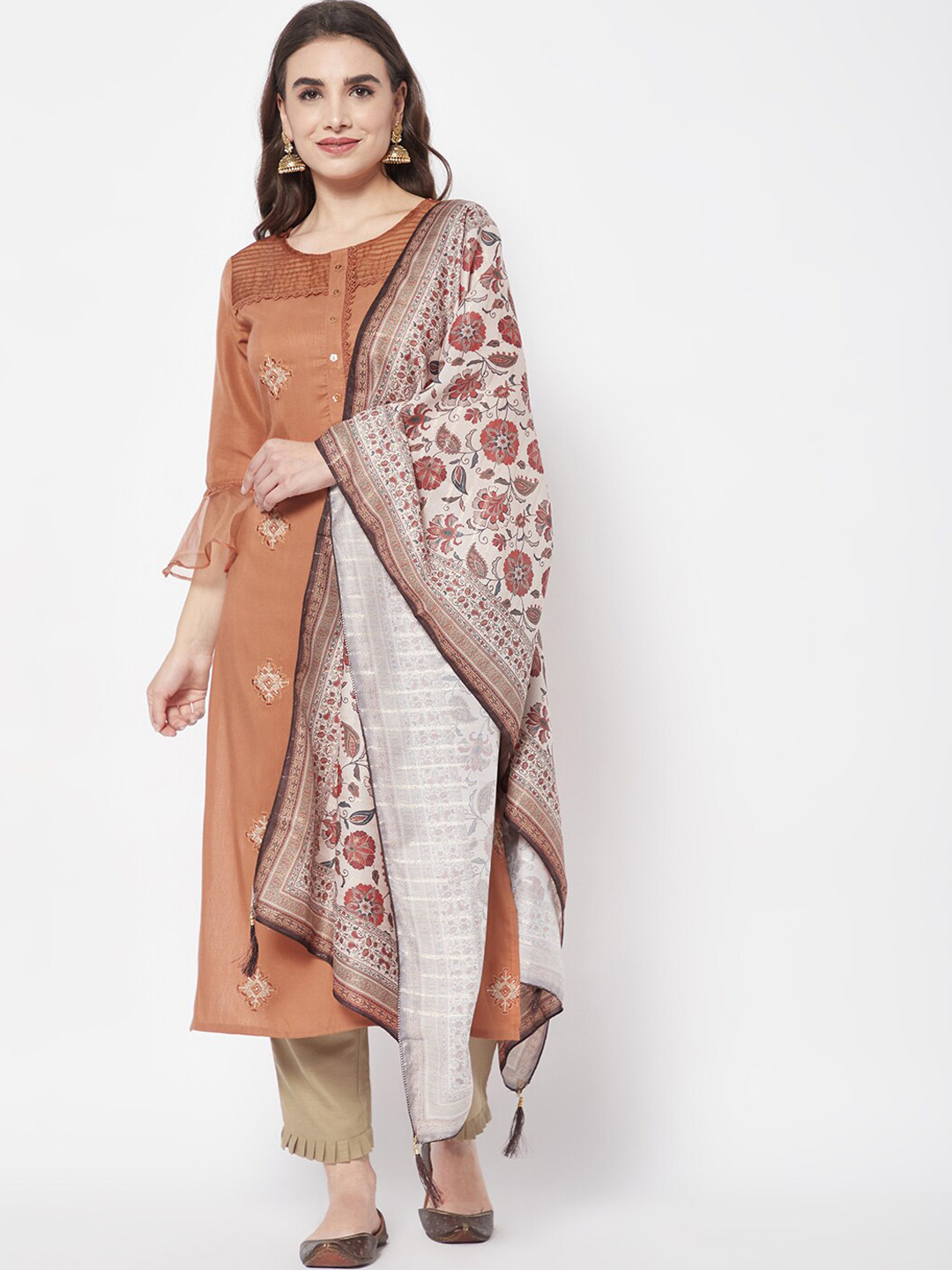 

HEEPOSH Women Brown Ethnic Motifs Printed Thread Work Kurta with Trousers & With Dupatta