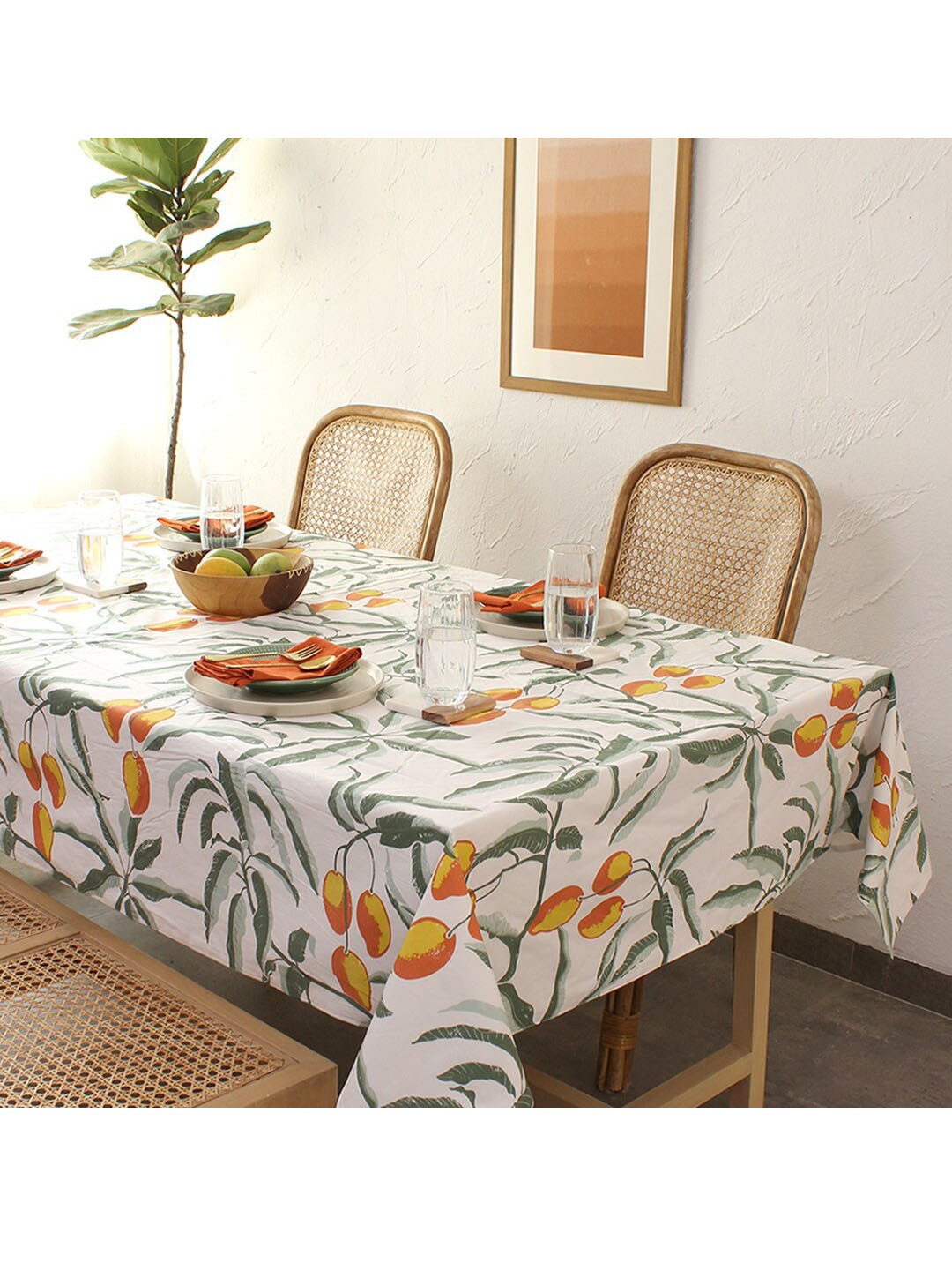 

House This Rust-Coloured & White Floral Printed Cotton 4 Seater Table Cover
