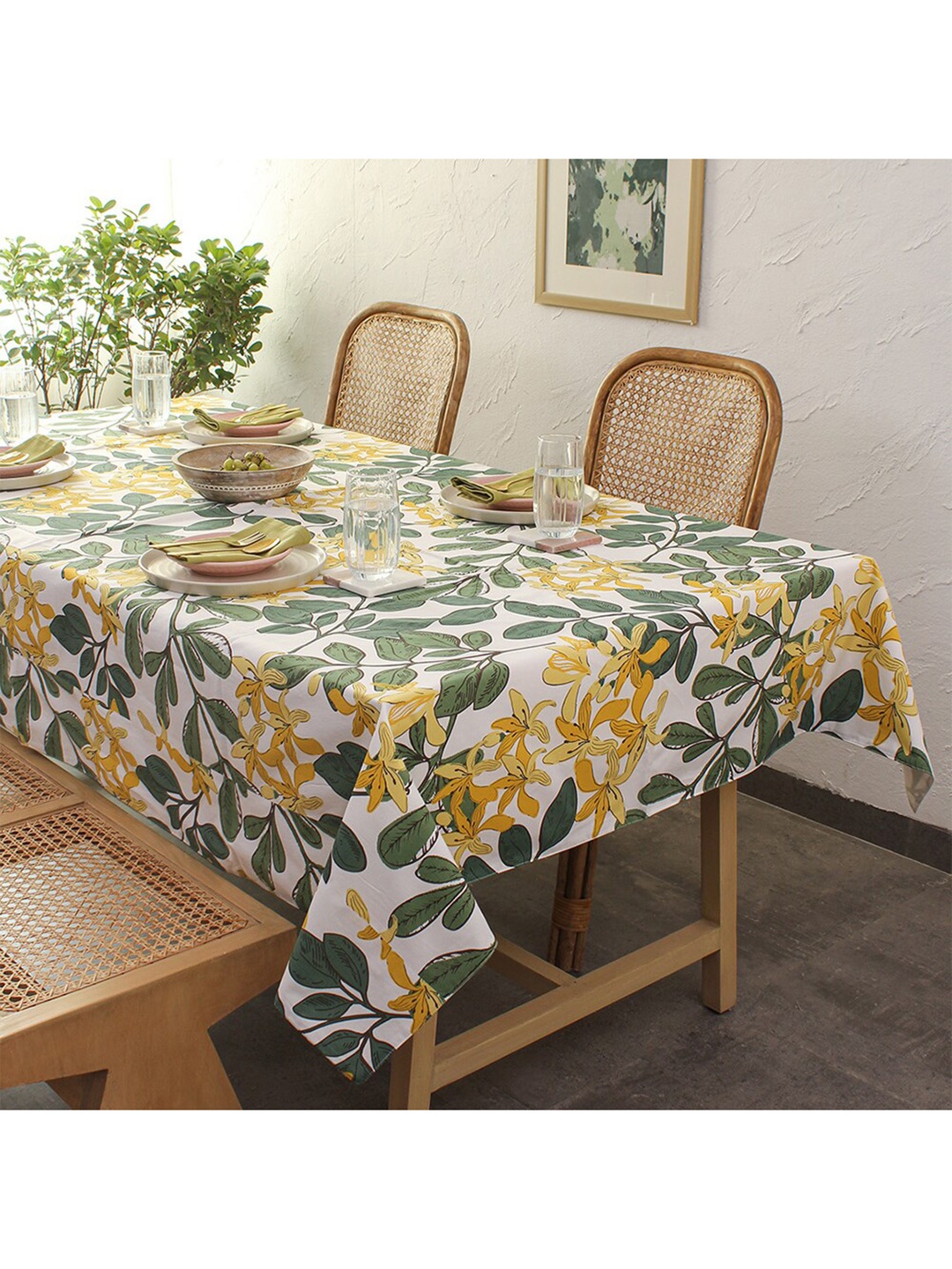 

House This White & Green Floral Printed Cotton Table Cover