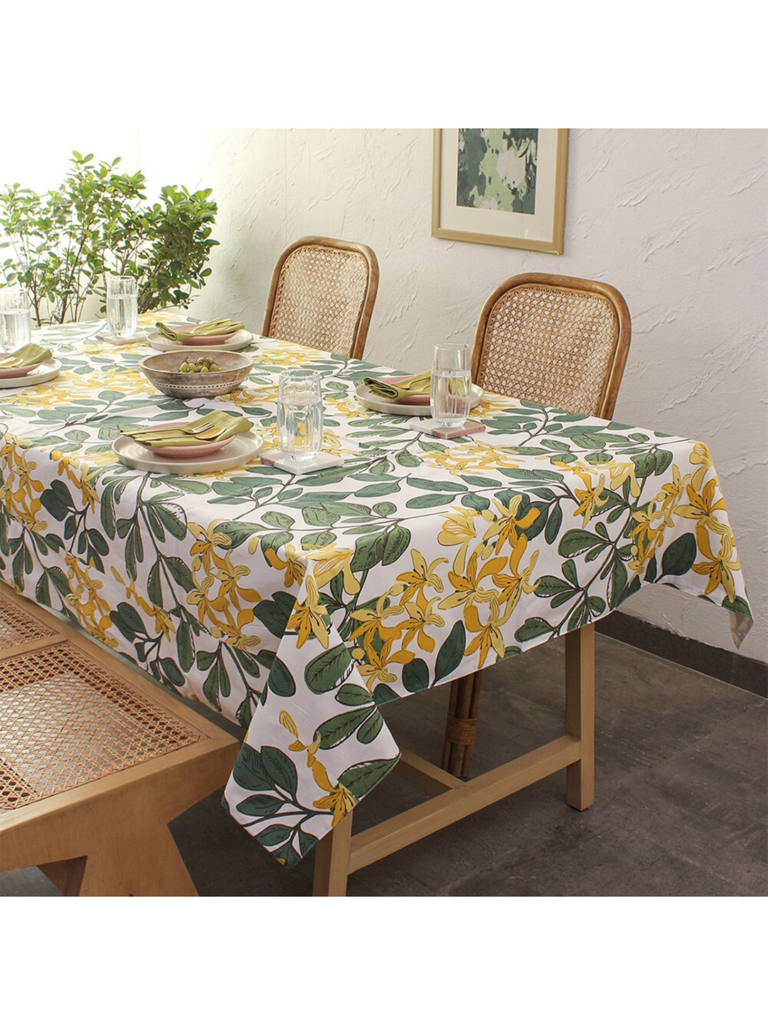 

House This Green & White Floral Printed Cotton 4 Seater Table Covers
