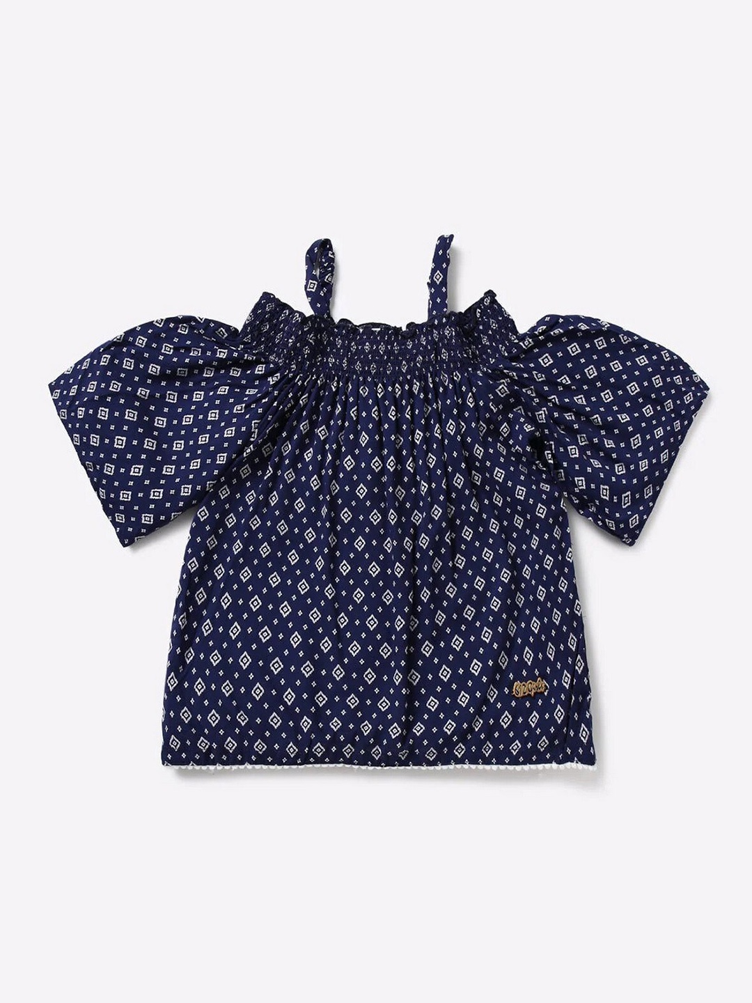 

612League Girls Navy Blue Geometric Print Bardot Top