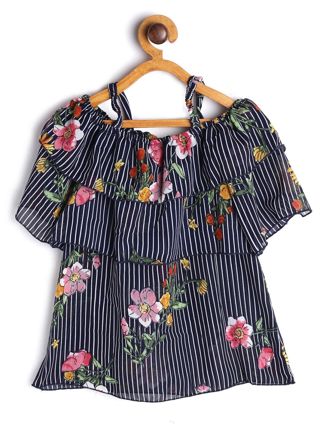 

612League Blue & White Floral Print Off-Shoulder Cotton Top