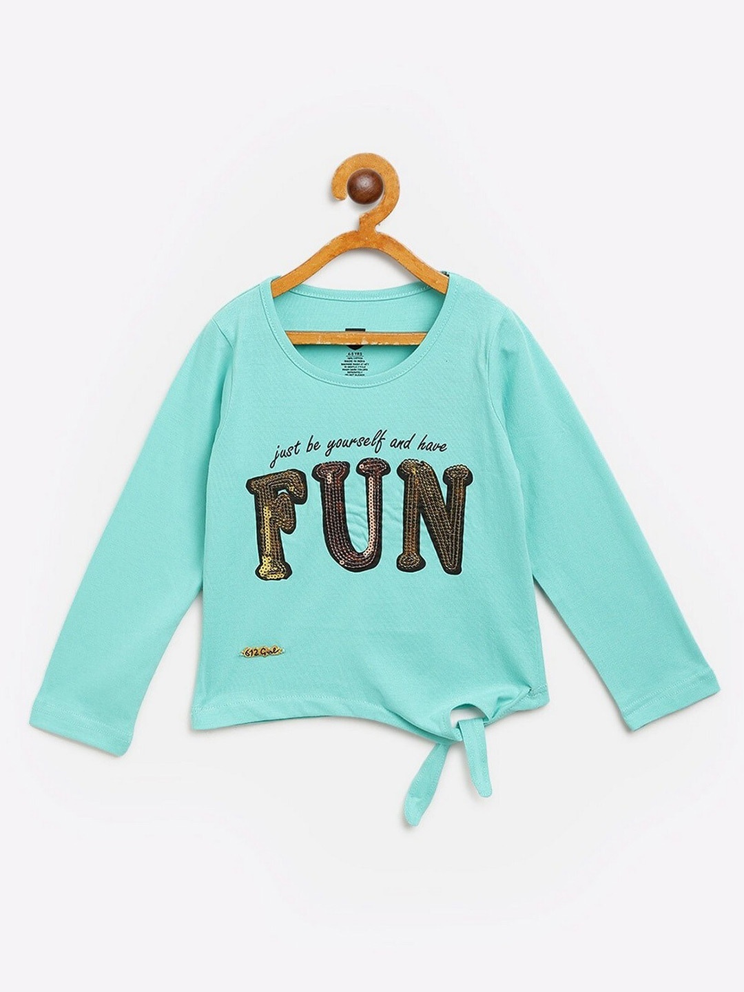 

612League Girls Sea Green Typography Printed Pure Cotton Sequined Top