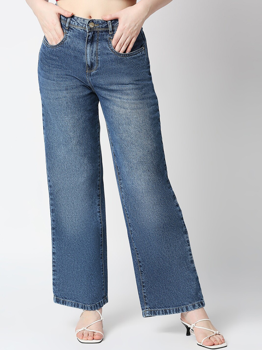 

Kraus Jeans Women Blue Wide Leg High-Rise Heavy Fade Jeans