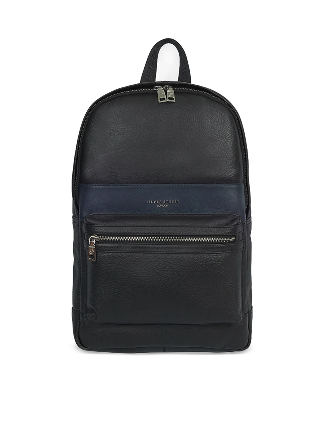 

SILVER STREET LONDON Men Black & Navy Blue Striped Leather Backpack