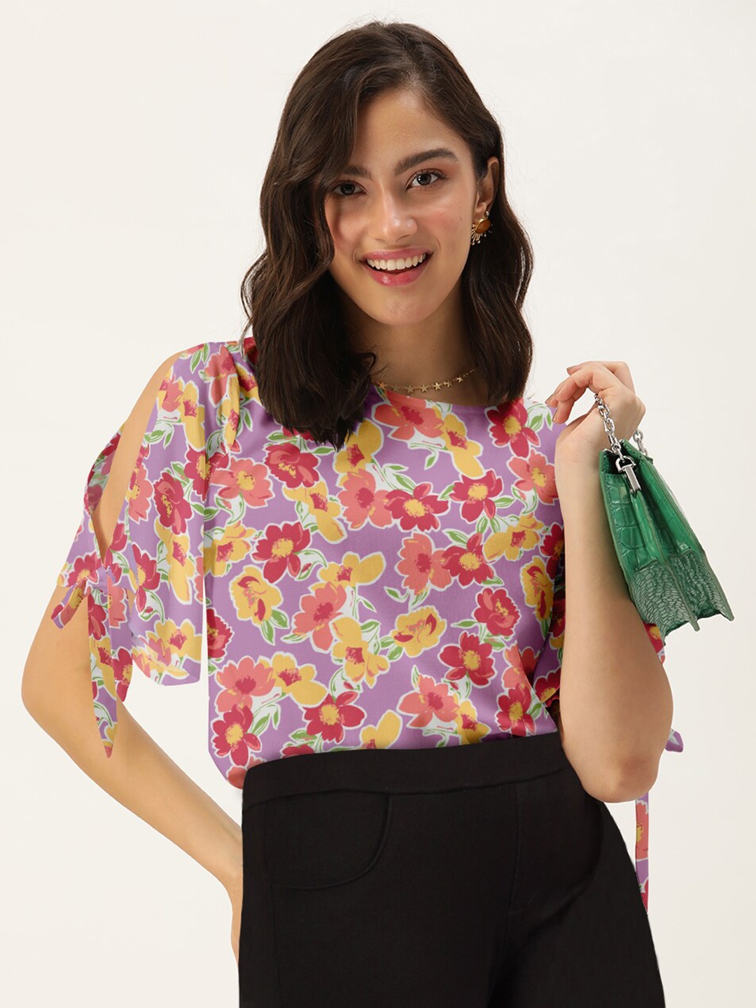 

DressBerry Lavender & Peach-Coloured Floral Print Top