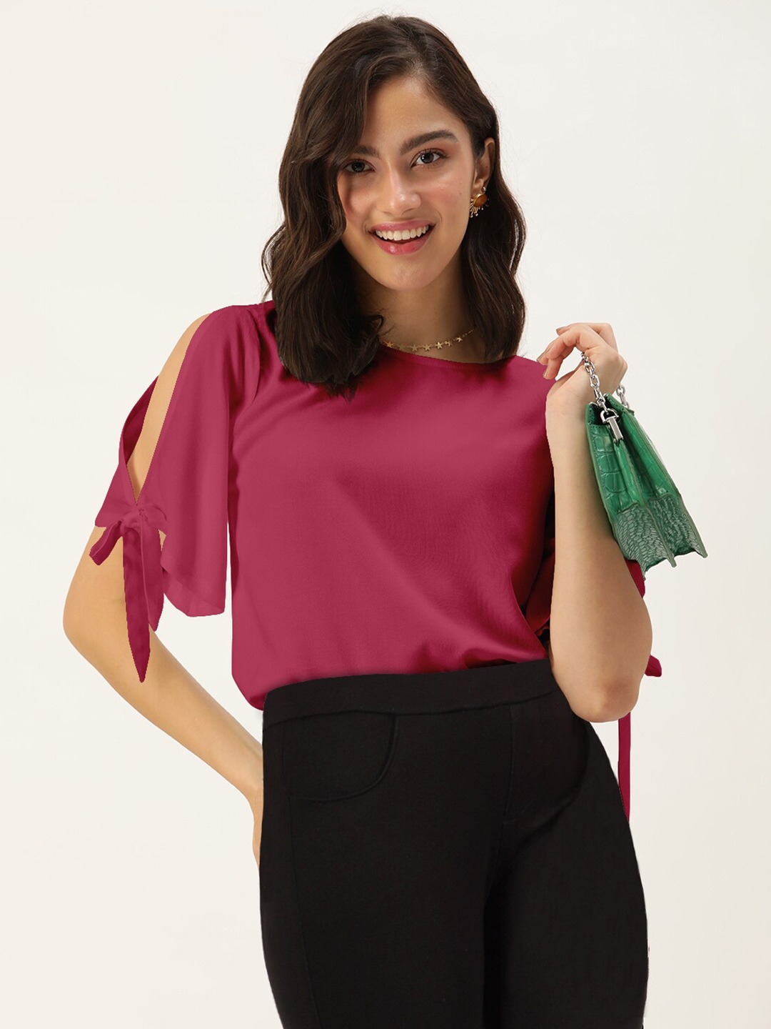 

DressBerry Women Solid Knot Cuff Split Sleeve Top, Pink