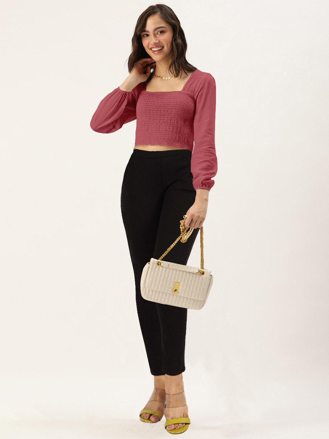 

DressBerry Maroon Solid Square Neck With Smocked Top