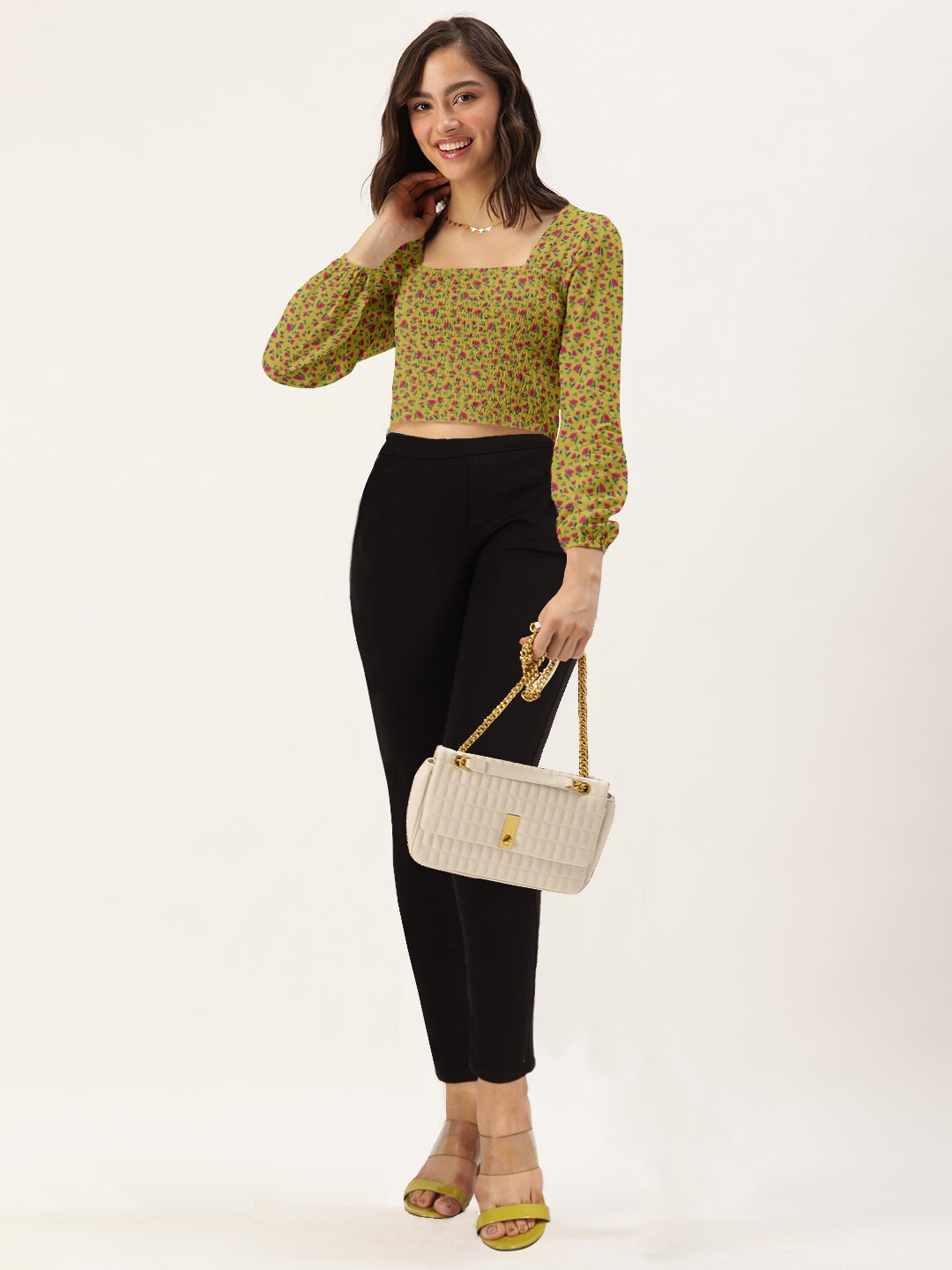 

DressBerry Women Yellow & Red Floral Print Smocked Crop Top