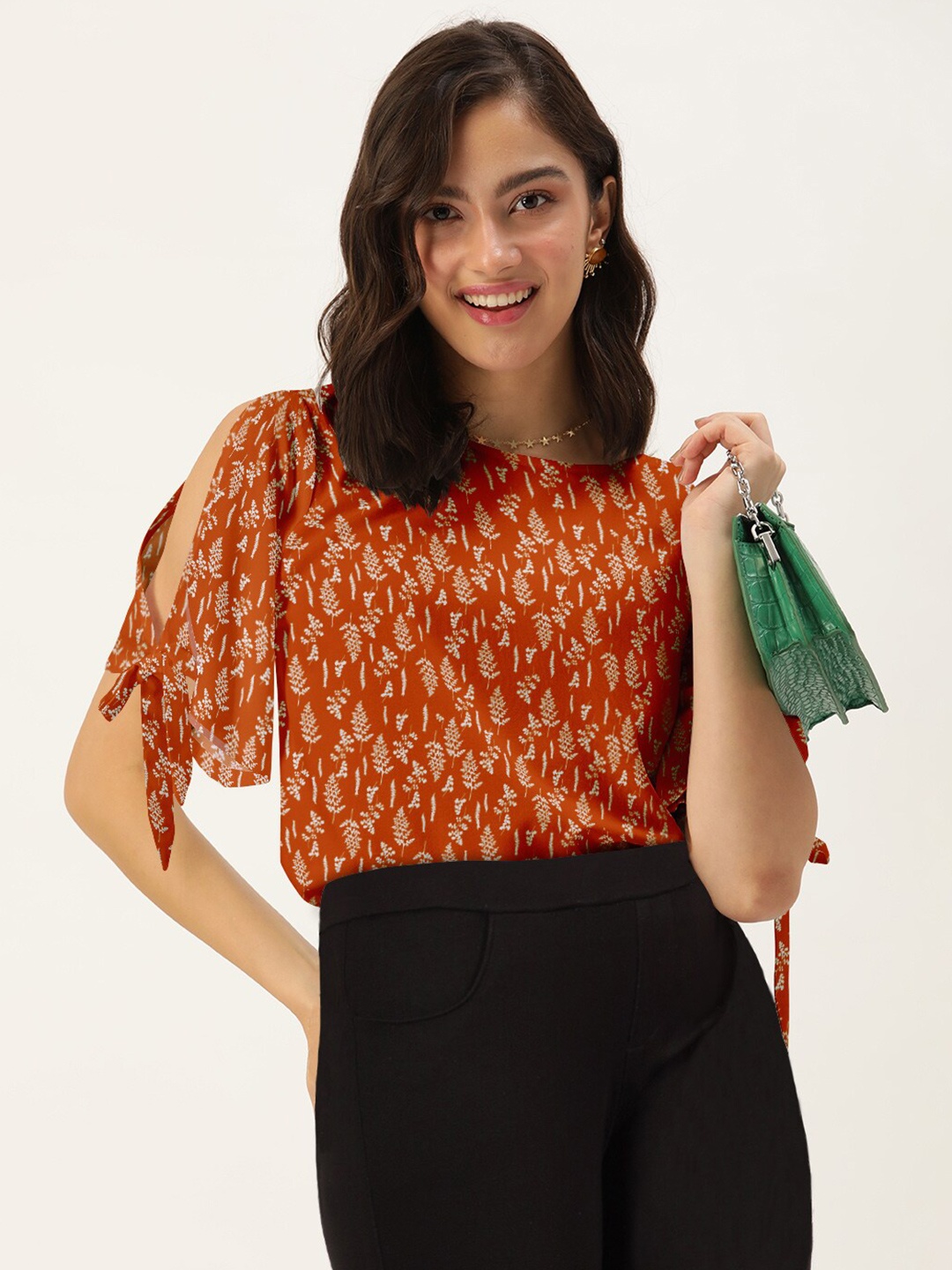 

DressBerry Women Orange Print Split Sleeve Top