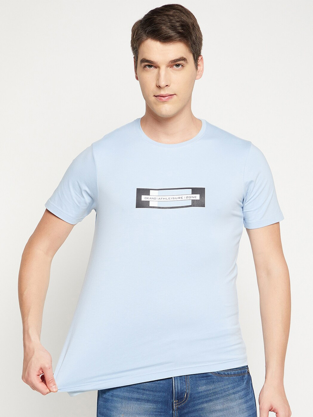 

Okane Men Blue Typography Printed T-shirt