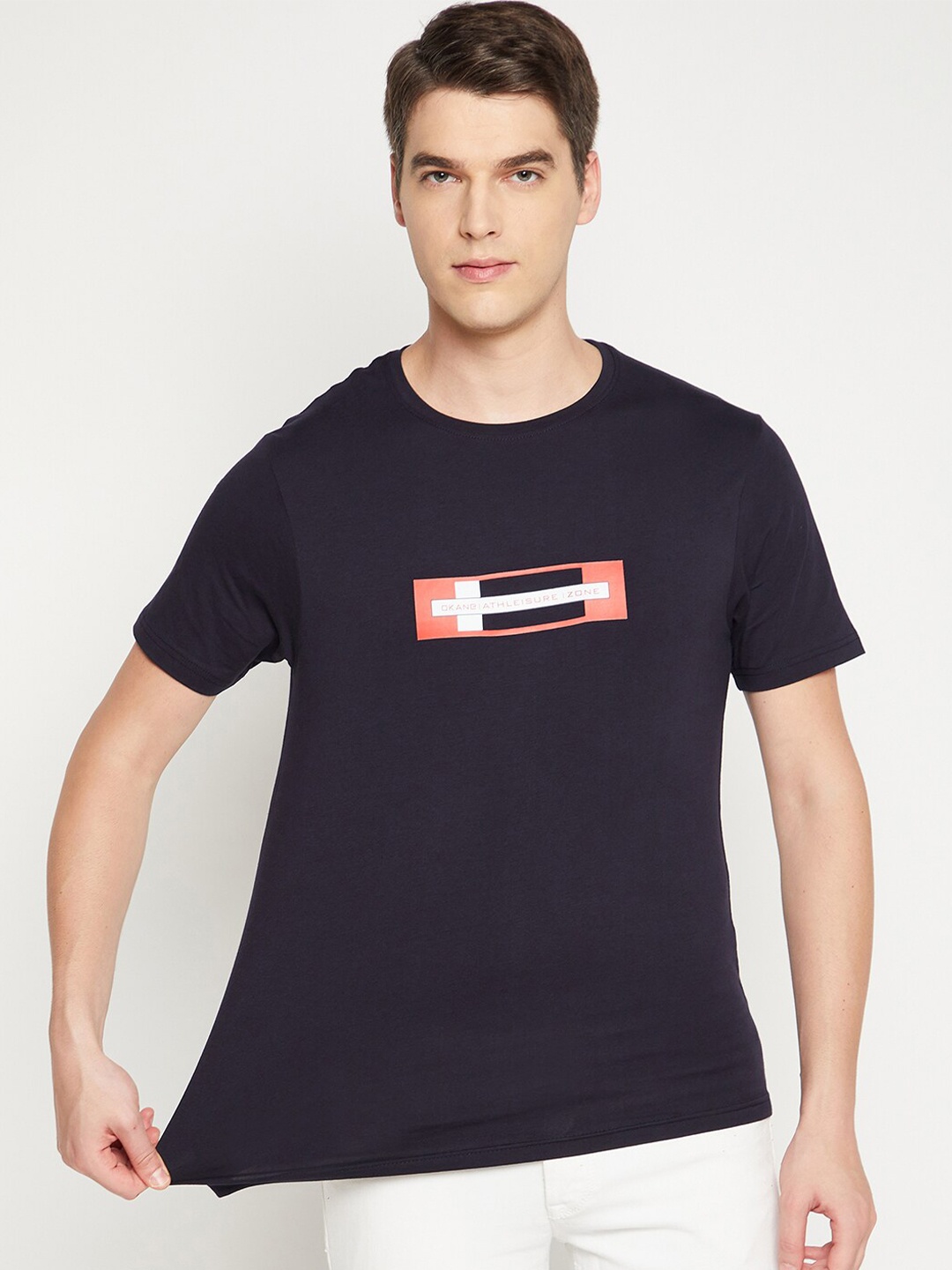 

Okane Men Navy Blue Printed Applique T-shirt