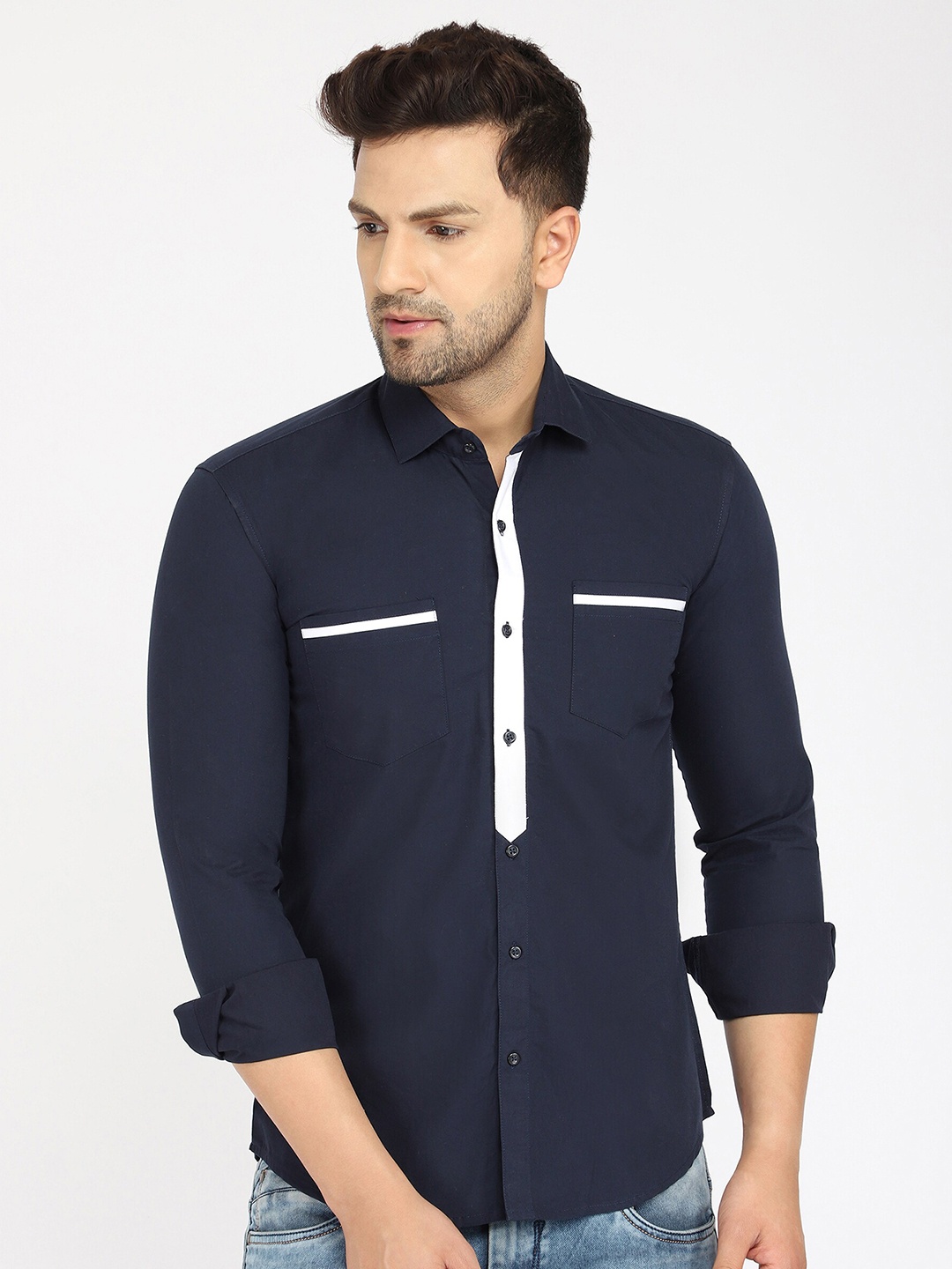 

Zombom Men Navy Blue Standard Casual Shirt