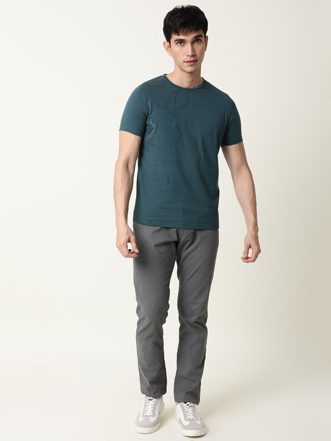 

RARE RABBIT Men Alure Printed Cotton Slim Fit T-Shirt, Teal