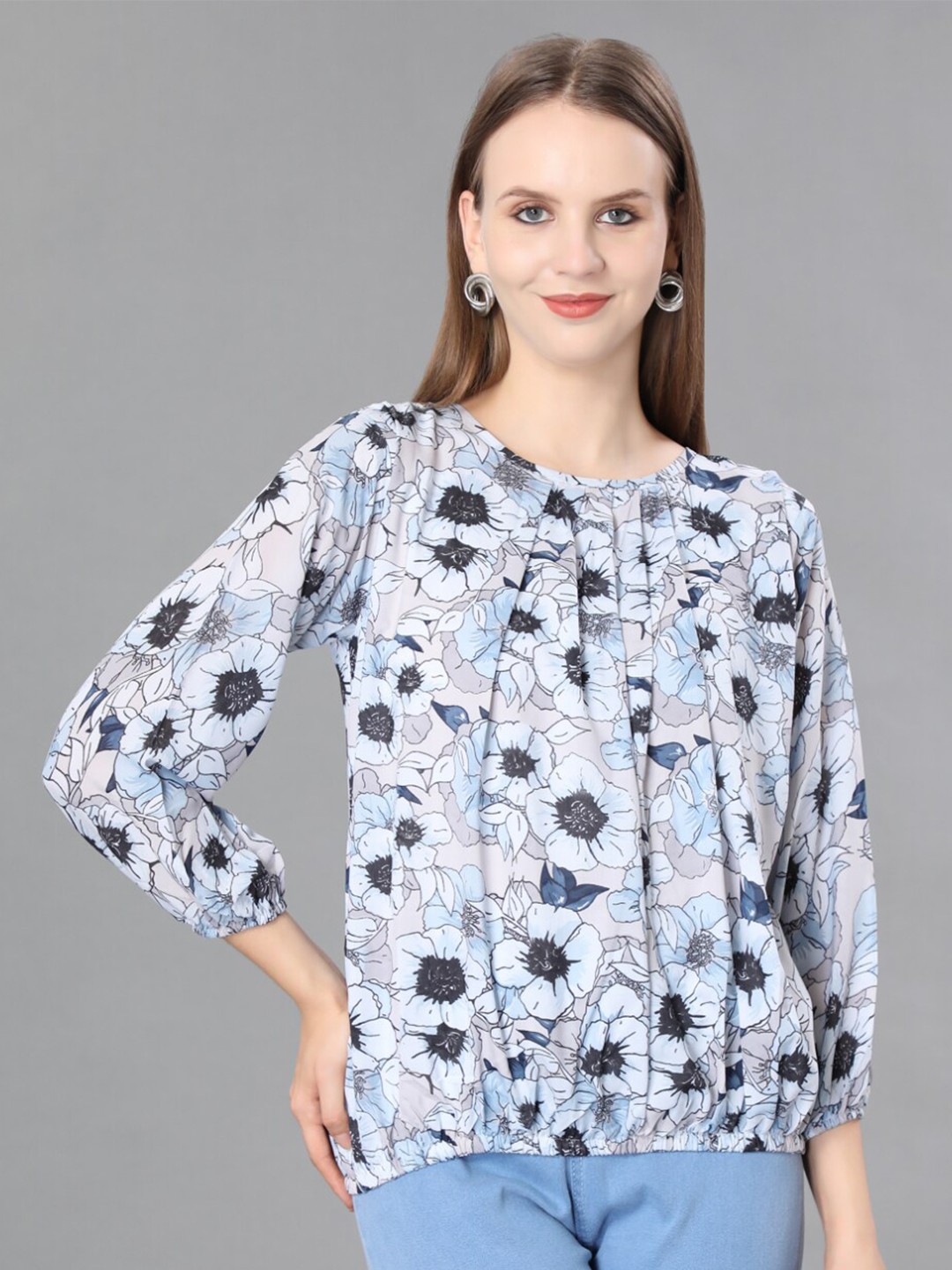 

WESTHOOD White & Grey Floral Print Georgette Blouson Top