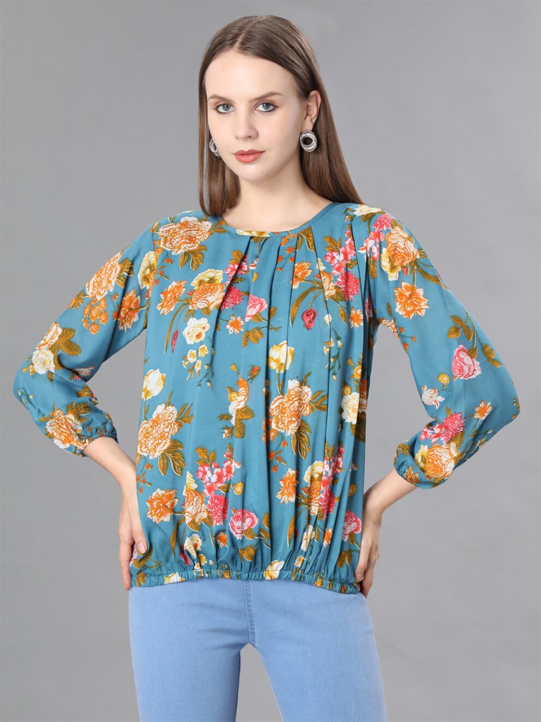 

WESTHOOD Navy Blue Floral Print Georgette Blouson Top