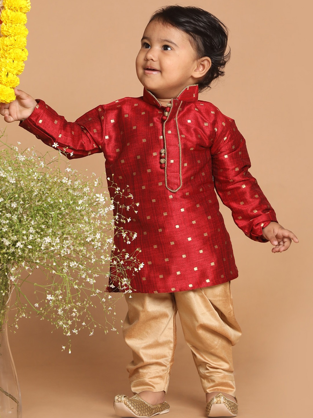 

VASTRAMAY Boys Maroon Ethnic Motifs Kurti with Dhoti Pants