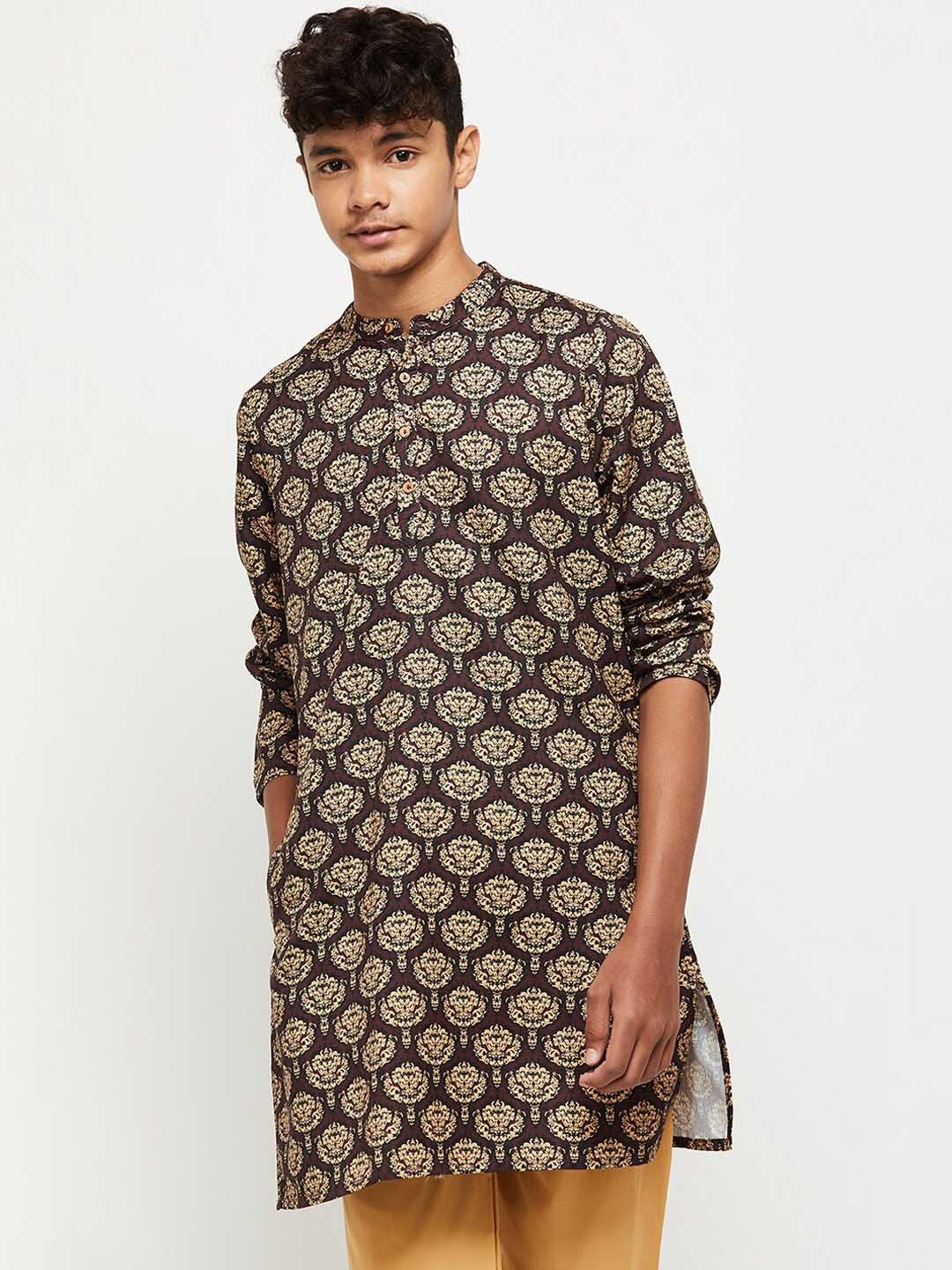 

max Boys Black & Beige Ethnic Motifs Printed Pure Cotton Kurta