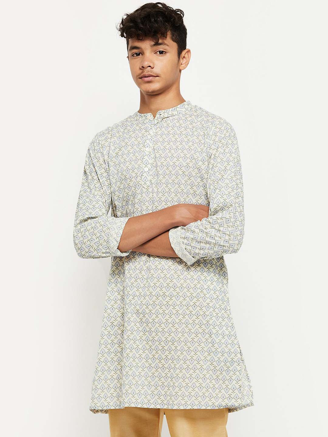 

max Boys Off White & Green Ethnic Motifs Printed Straight Kurta