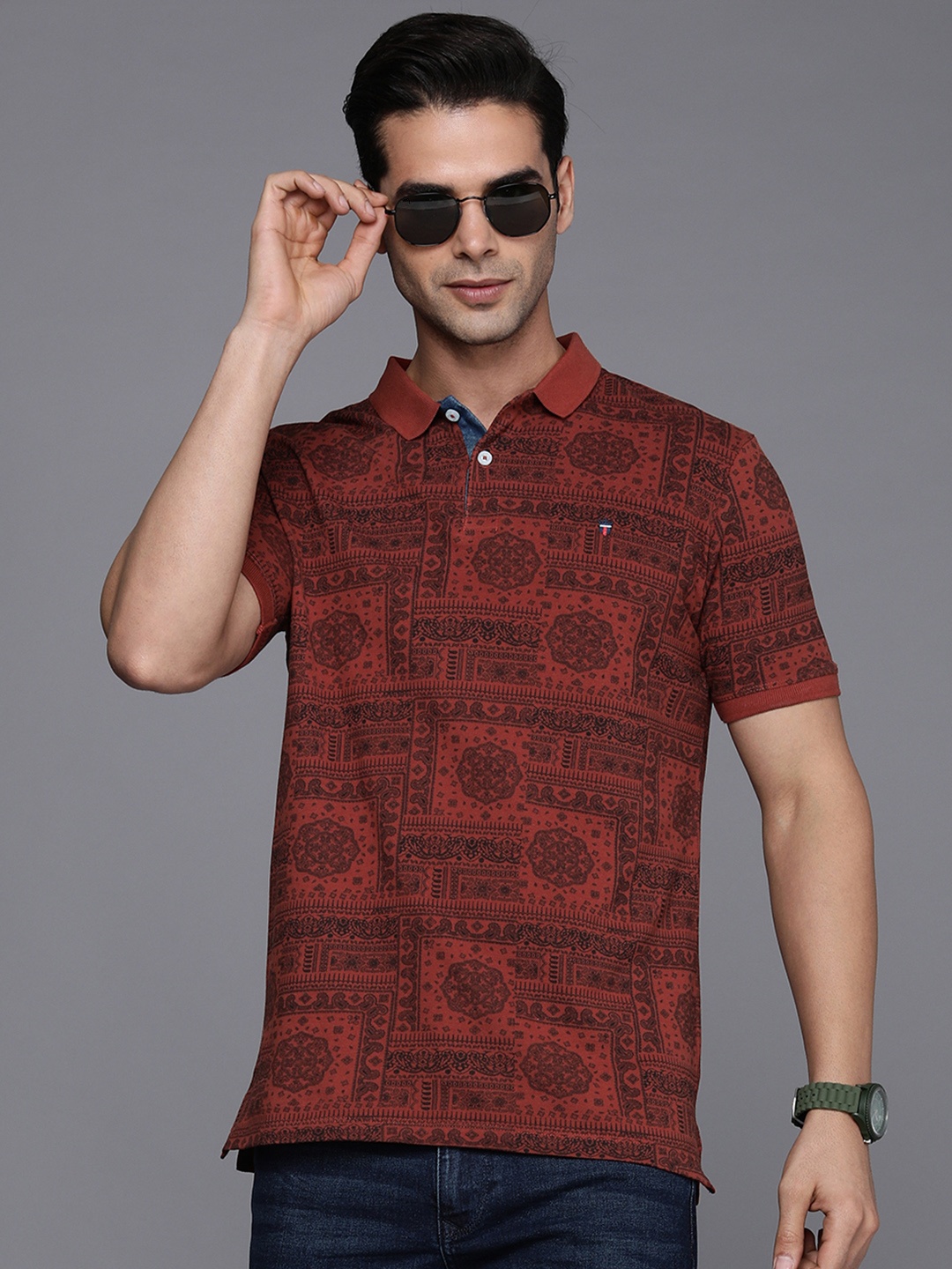 

Louis Philippe Jeans Men Red & Black Printed Polo Collar Pure Cotton Slim Fit T-shirt