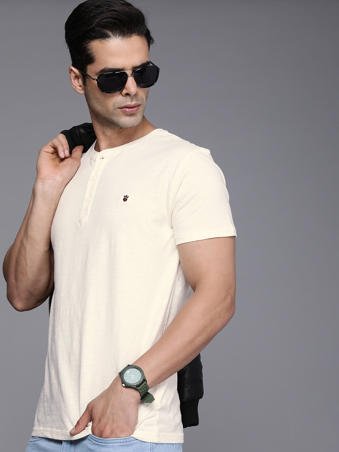 

Louis Philippe Jeans Men Off White Henley Neck Pure Cotton T-shirt