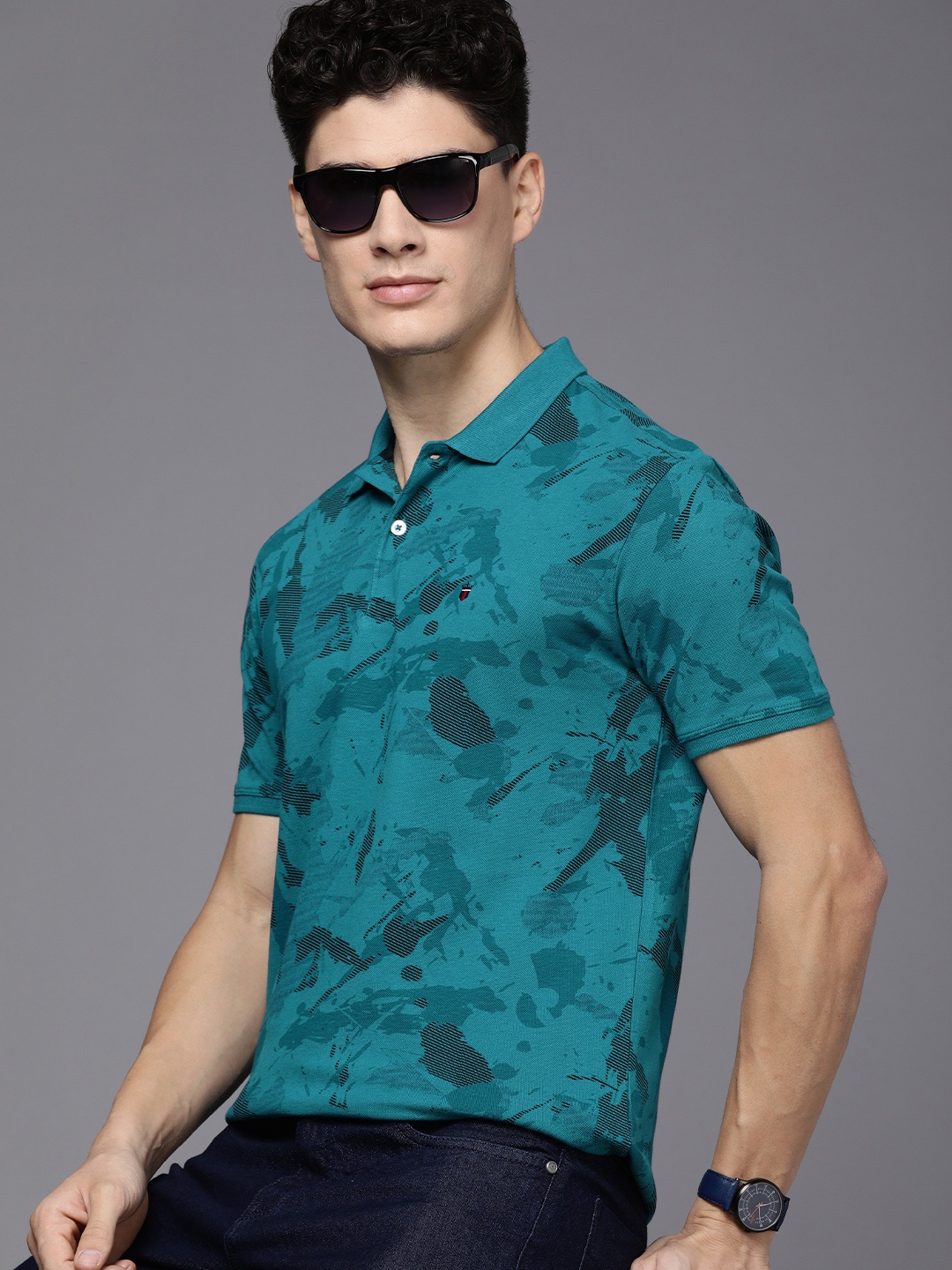

Louis Philippe Jeans Men Teal Blue Printed Polo Collar Pure Cotton Slim Fit T-shirt