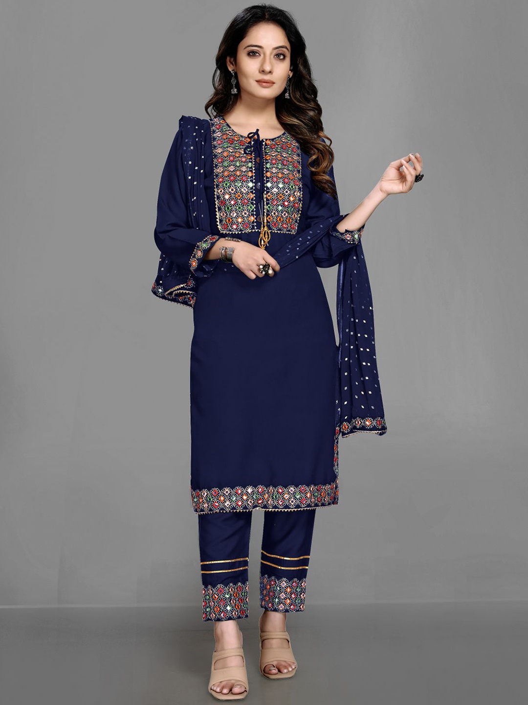 

Queenswear Creation Women Navy Blue Mirror Work Kurta with Trousers & With Dupatta