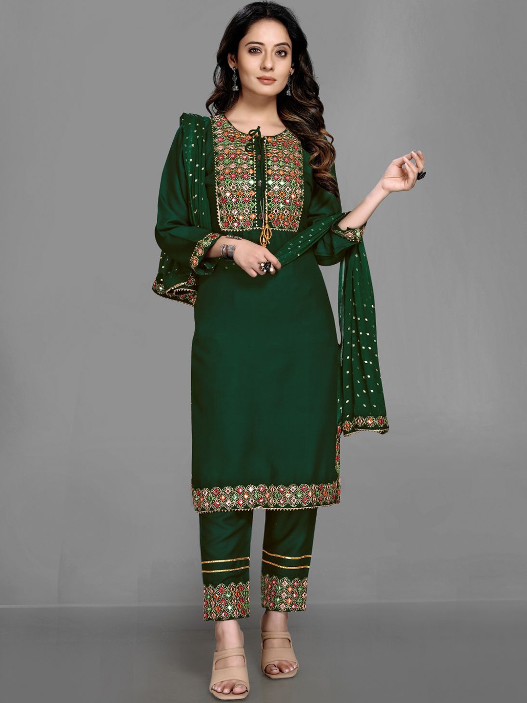 

Queenswear Creation Women Green Embroidered Aari Work Kurta with Trousers & Dupatta