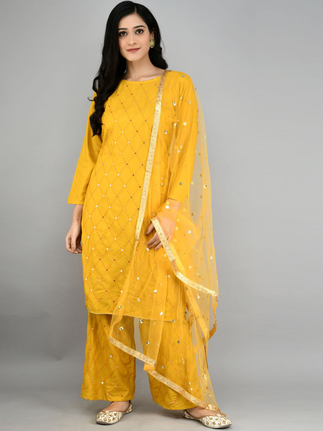 

Queenswear Creation Women Yellow Yoke Design Aari Work Kurti with Palazzos & With Dupatta
