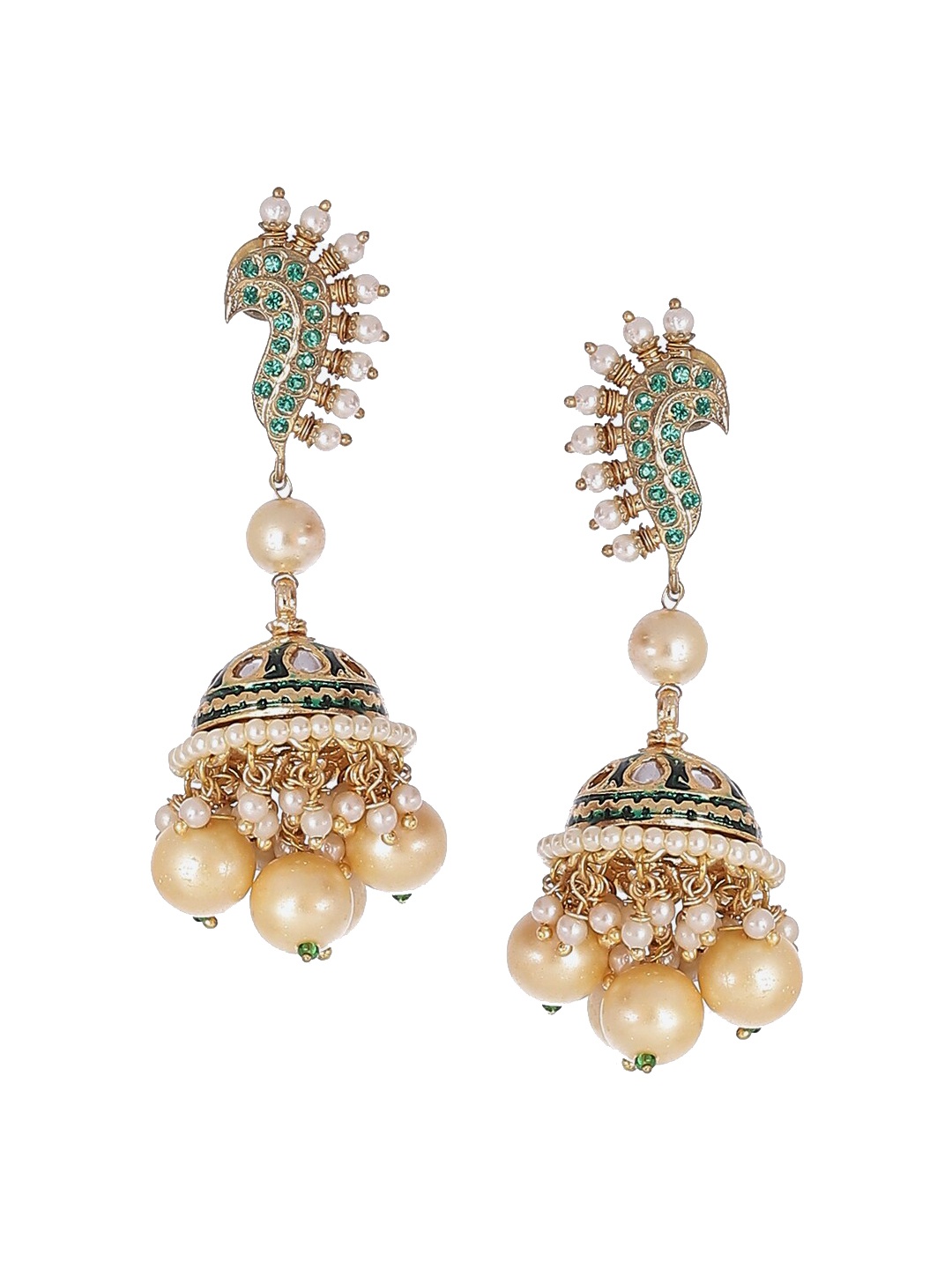 

Biba Gold-Plated Green & White Contemporary Jhumkas Earrings