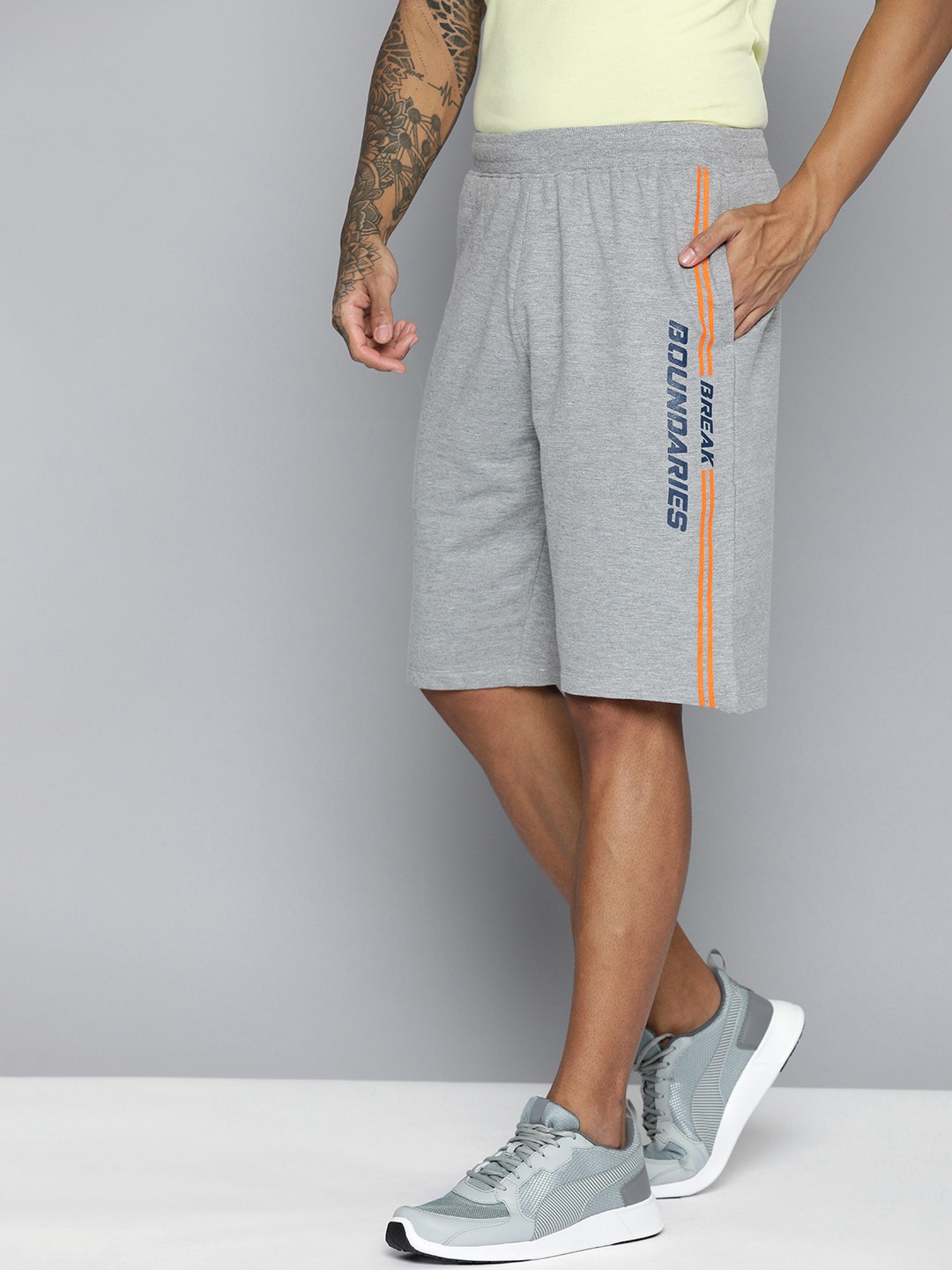 

HRX by Hrithik Roshan Men Grey Melange Typography Printed Shorts