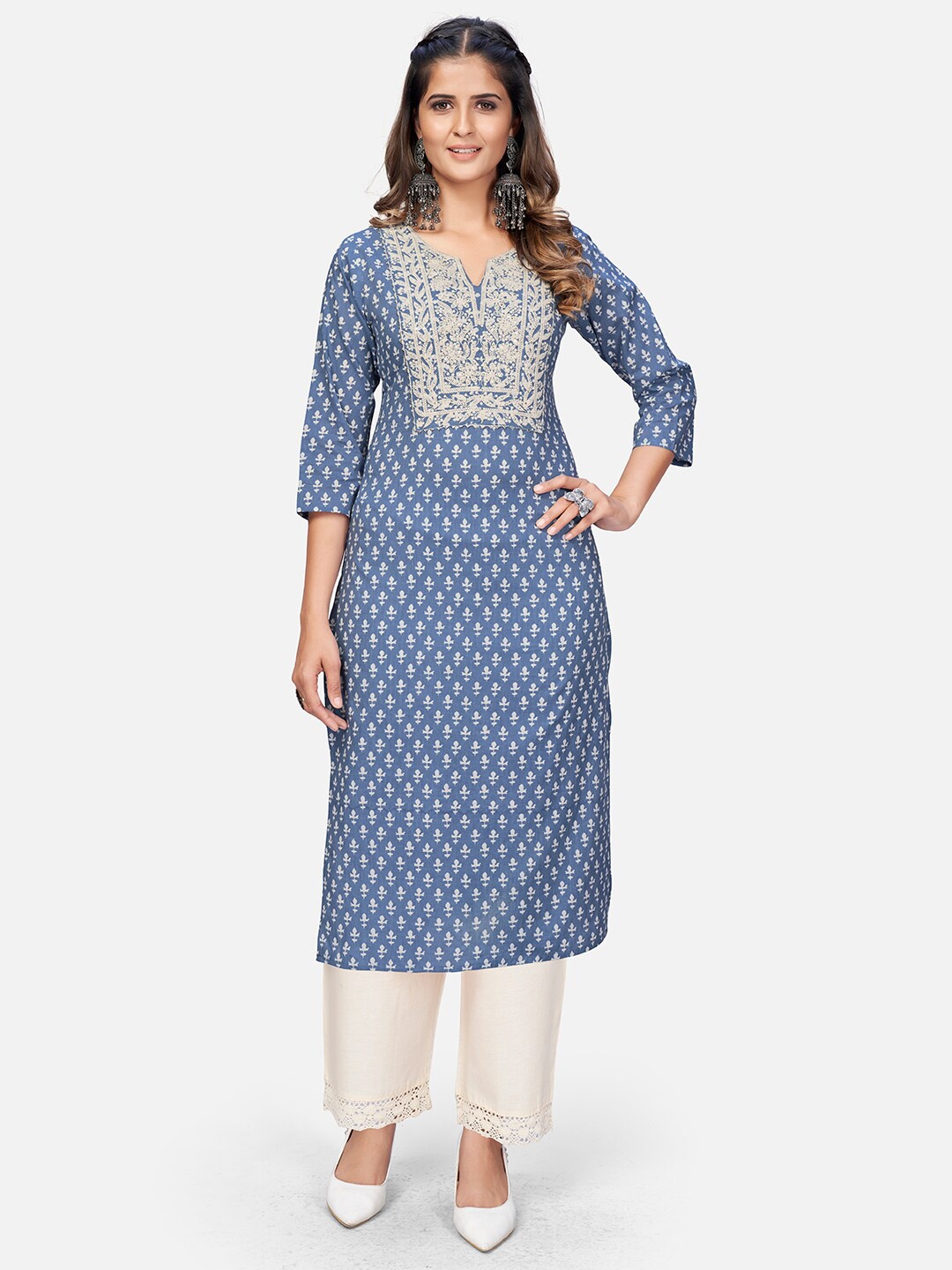 

Vbuyz Women Blue Ethnic Motifs Printed Thread Work Kurta
